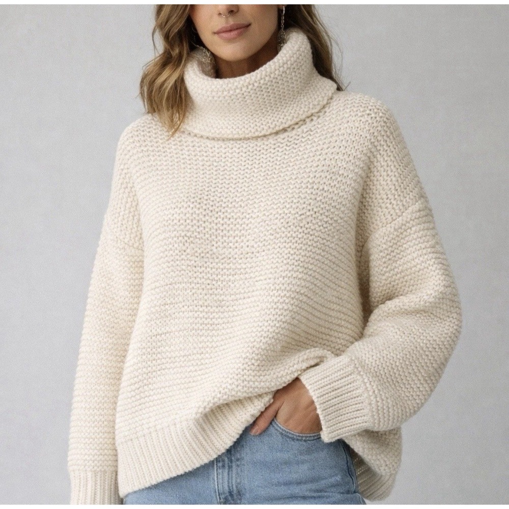 Fisherman Chunky Knit Turtleneck Sweater Sz M/L Cream Oversized Cozy Heavyweight